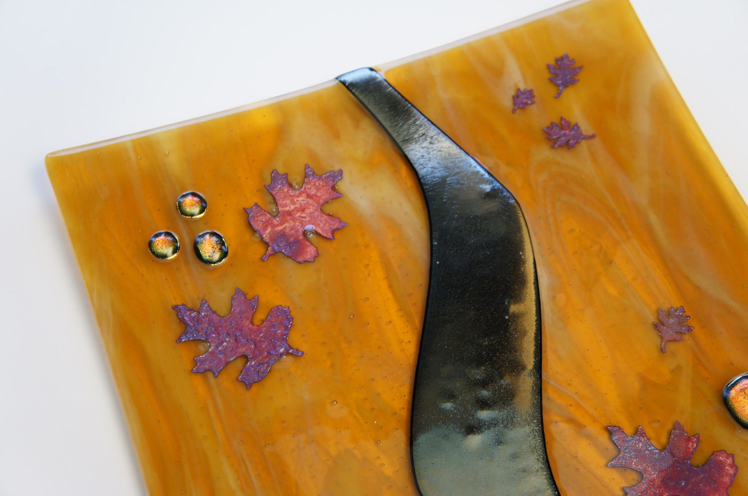 Stunning Fused Glass Plate, Earth Tones, Copper Aspen Leaves, Gold Accents