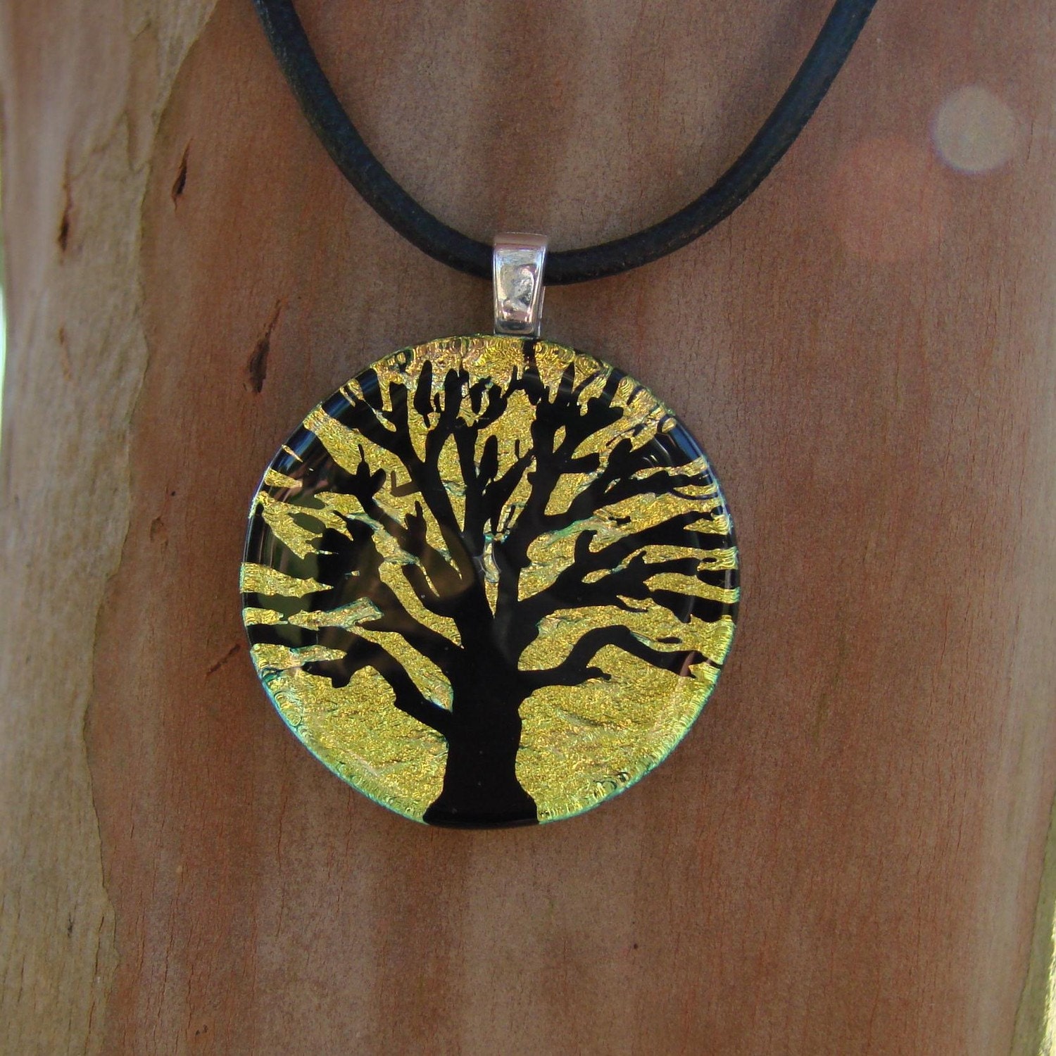 Pale Yellow Tree Of Life Fused Glass Pendant With Free Necklace Cord