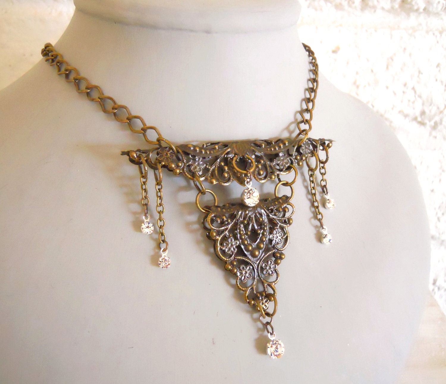 Antique brass necklace Victorian inspired Masquerade necklace antique filigree ornaments brass and crystals