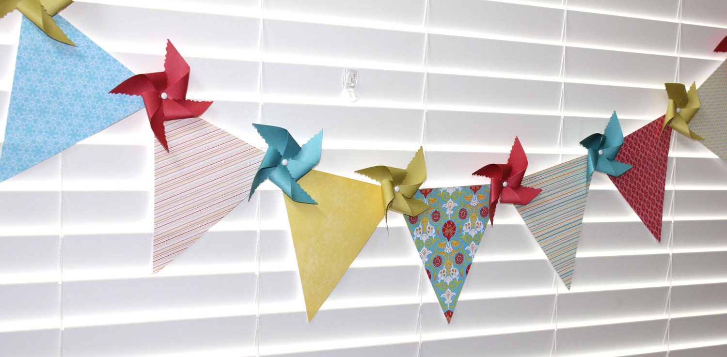 Birthday Banner Pennants Pinwheels Garden Party  (custom orders welcome)