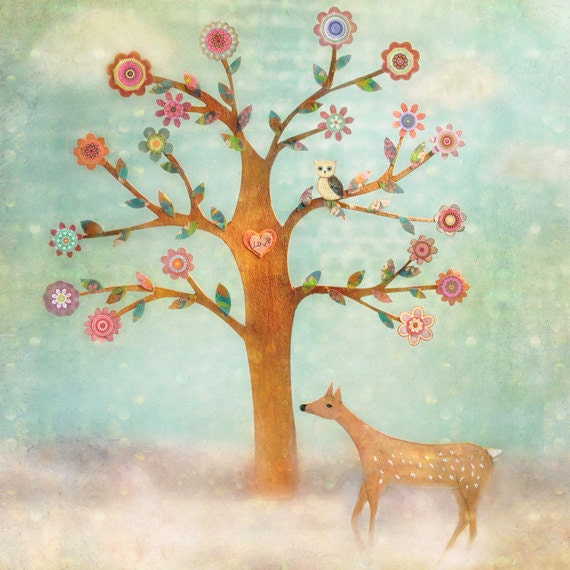 Children Decor, Kids Wall Art, Baby Room Decor, Nursery Decor, Art Print on Wood, Deer and Owl Animal Print