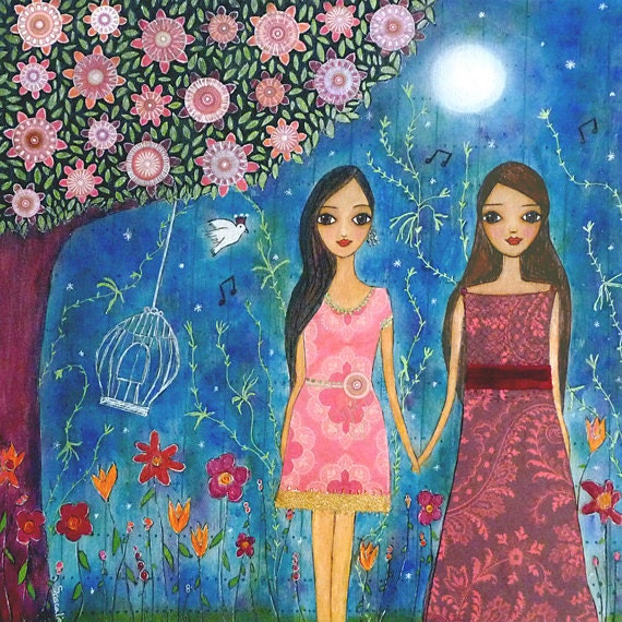 Best Friends Painting, Mixed Media Painting, Girlfriend Gift, Frindship Art Print Mounted on Wood