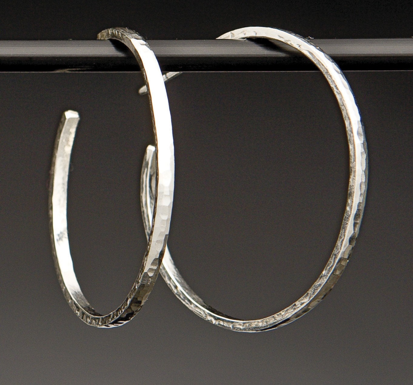Shiny or Black Medium Solid Sterling Silver Hammered Hoop Earrings 35mm circle