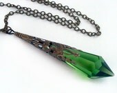 Emerald Green Prism in Bronze Filigree Pendant Necklace Jewelry Crystal Jewellery - TrashAndTrinkets