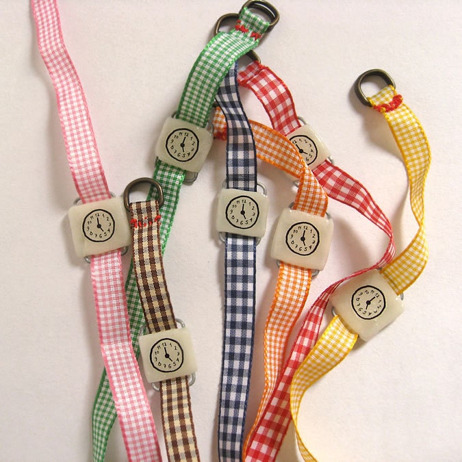 Retro toy watch bracelet. One-of-a-kind handmade fake clock with Gingham watchband.