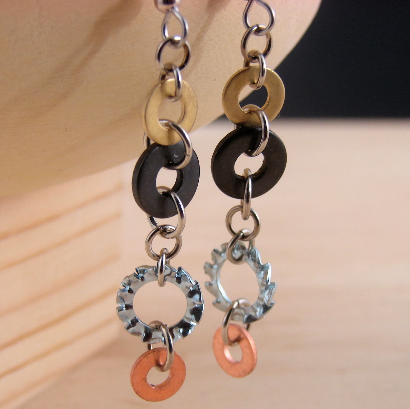 Steampunk Dangle Earrings Mixed Metal Hardware Jewelry Recycled Copper, Brass, Black and Textured Washers