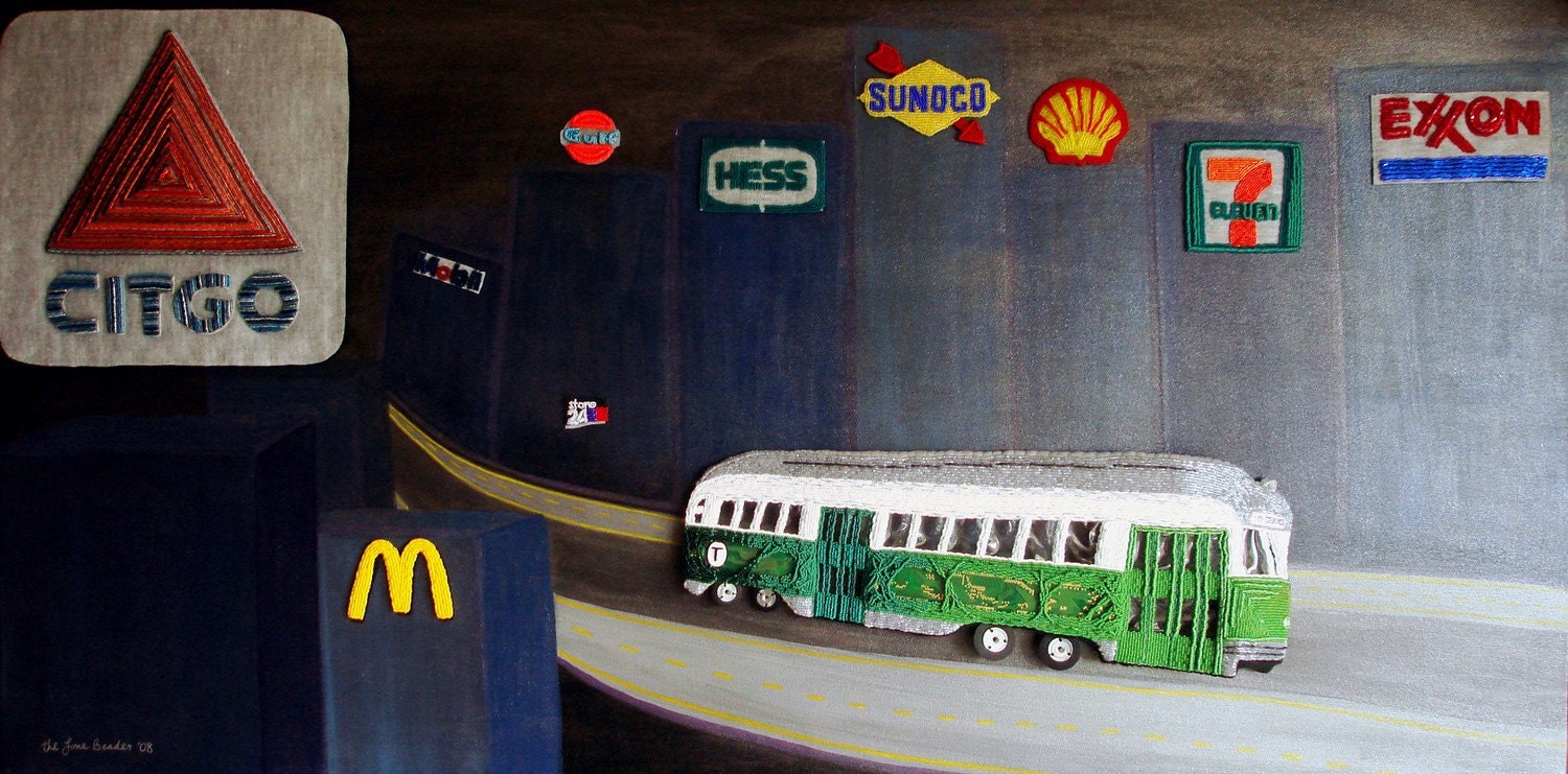 GASOLINE DISTRICT beaded Boston trolley mixed media relief painting