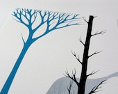 contemporary original watercolor art painting featuring trees in turquoise, grey and black // norwegian wood 2 by natasha newton