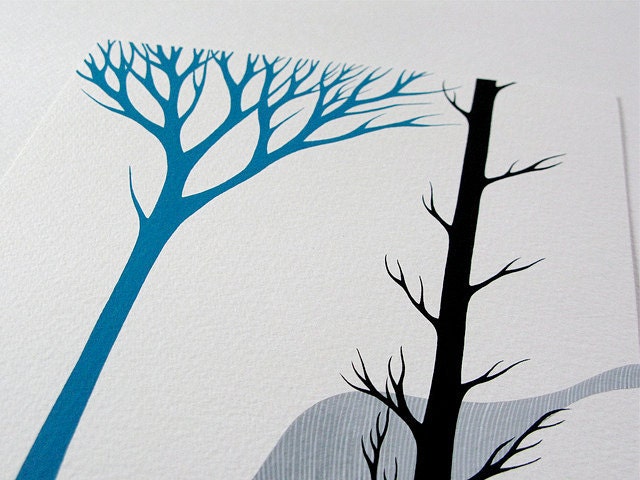 contemporary original watercolor art painting featuring trees in turquoise, grey and black // norwegian wood 2 by natasha newton