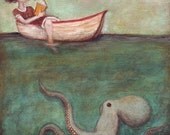 Maggie and the Octopus giclee print, wall art, home decor, poster, acrylic painting