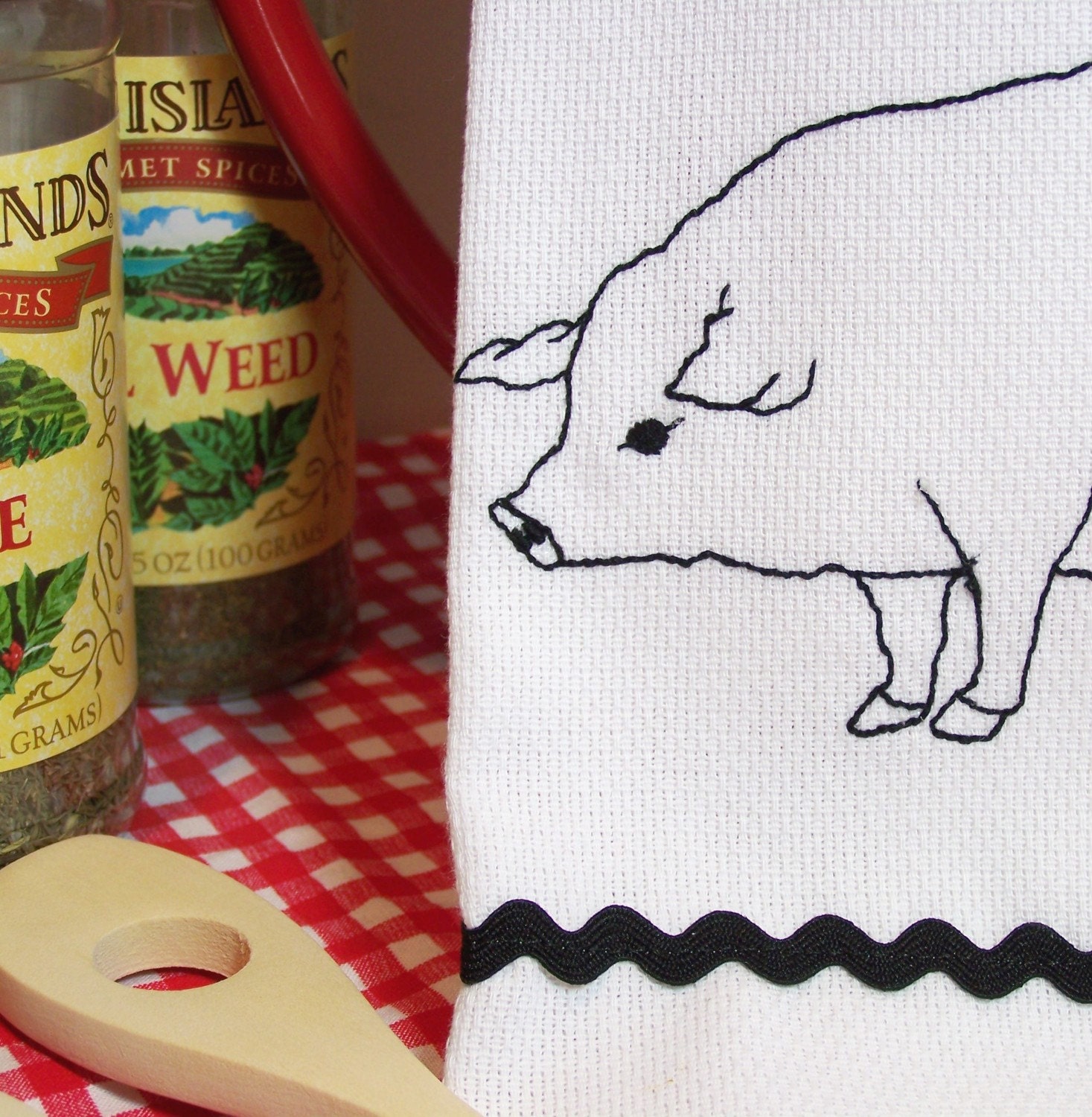 Blackwork Pig - Embroidered Kitchen Towel
