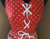 SALE 1970s Red and White Polka Dot Ric Rac Stripe Maxi Dress with lace up nautical Sailor Bodice. Size 9 10 Bust 36