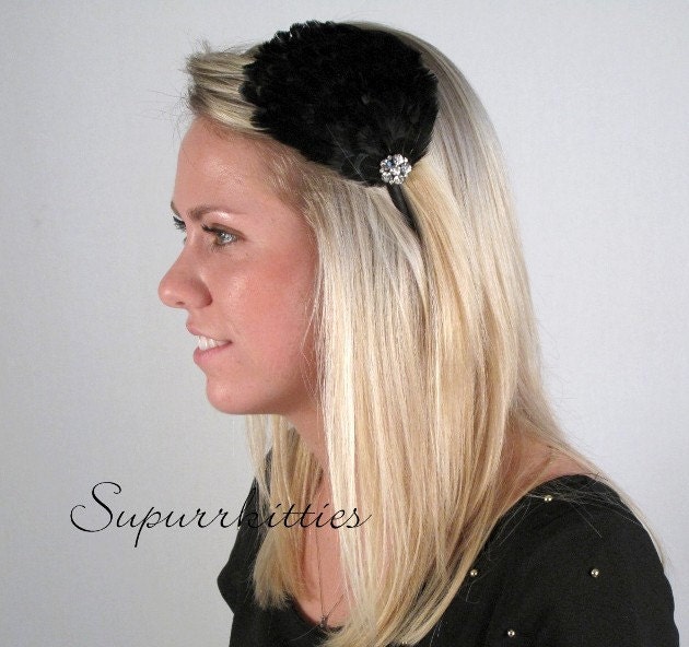 Black Feather Headband - Lady's Feather Fasciator - Women's Skinny Satin Headband - Wedding/Bridal Headband with Rhinestone -rls