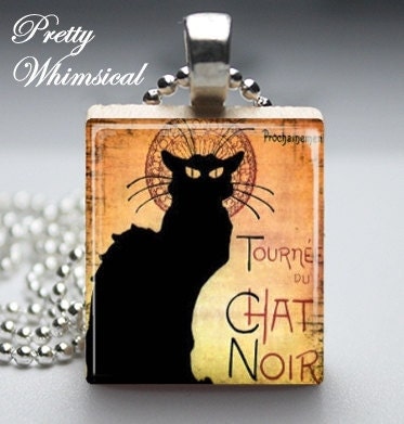 French Black Cat Poster Necklace, Scrabble Tile Jewelry Pendant