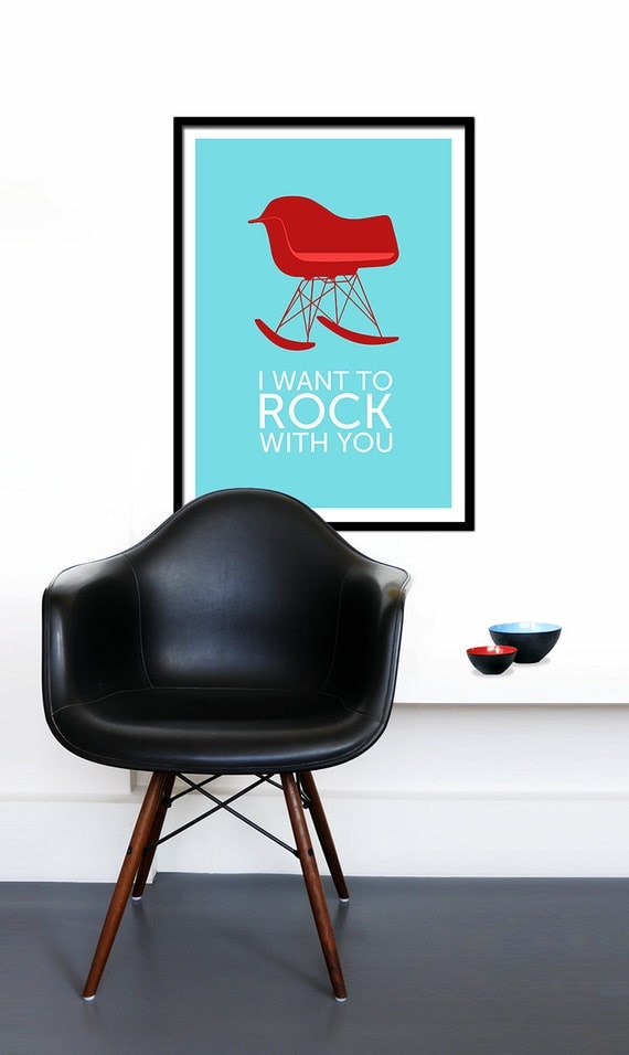 Eames poster print Mid Century Modern retro Herman Miller rocker chair nursery kitchen art office - I Want To Rock With You Red 50 x 70cm