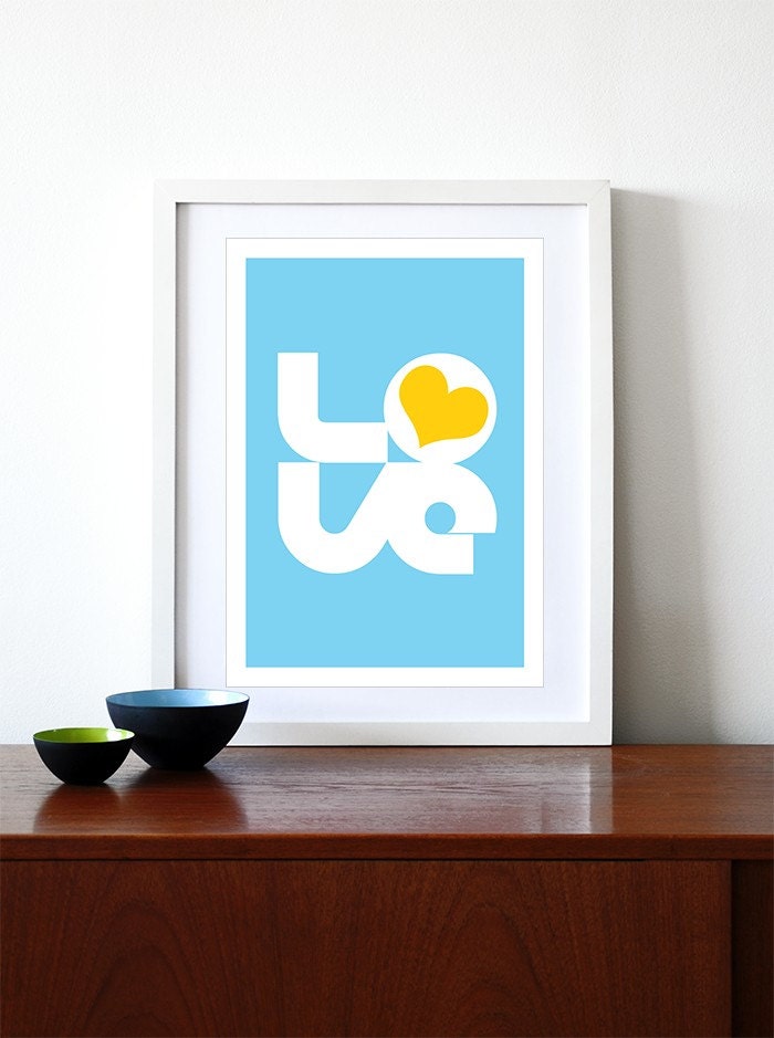 Typography poster print retro love graphic design font kitchen art office - Biglove Summer A3 blue yellow