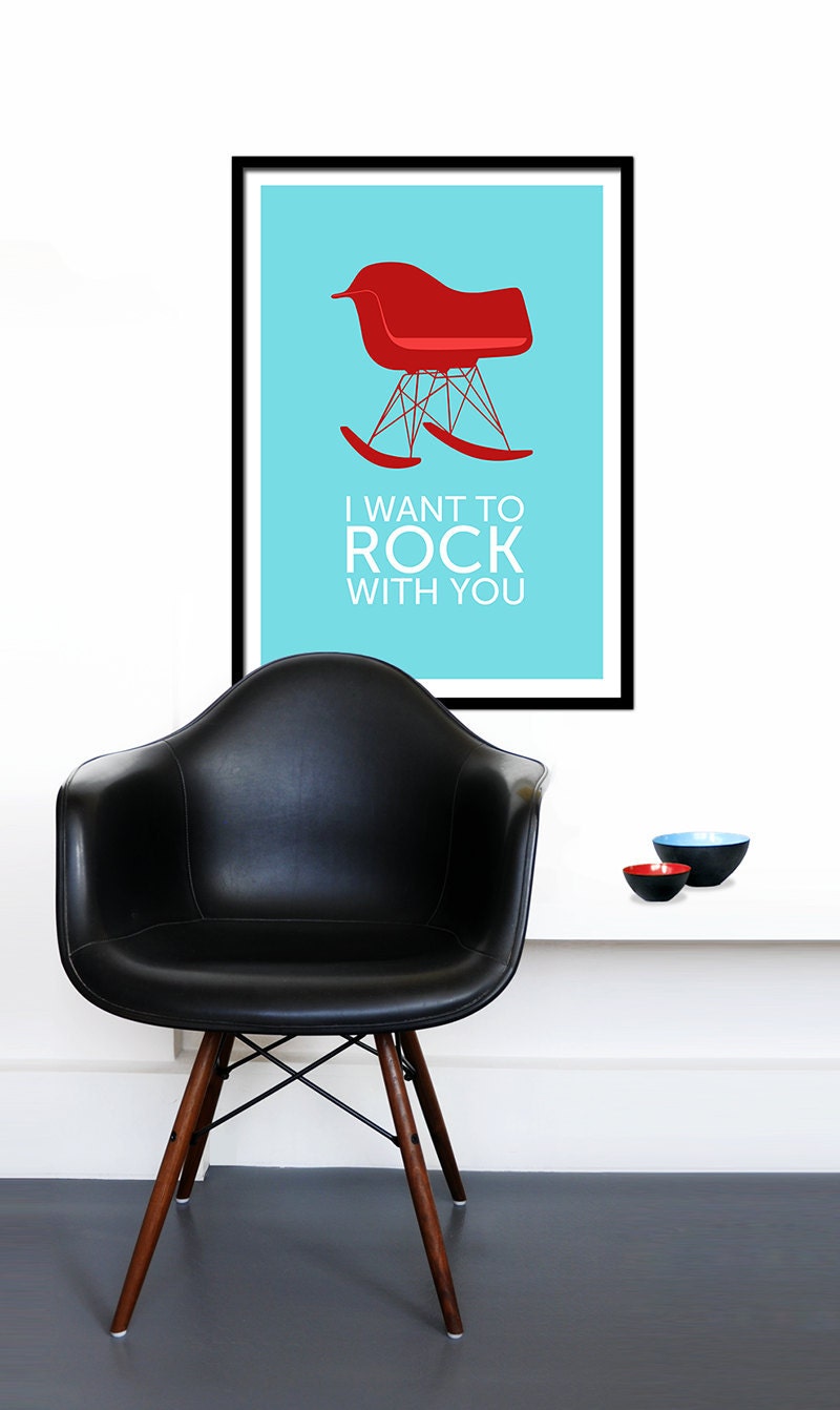 Eames poster print Mid Century Modern retro Herman Miller rocker chair nursery kitchen art office - I Want To Rock With You Red 50 x 70cm