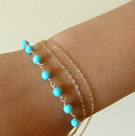 Turquoise Bracelet 14K Gold Filled Triple Strand Chain  - Lucky Seven  - December Brithstone