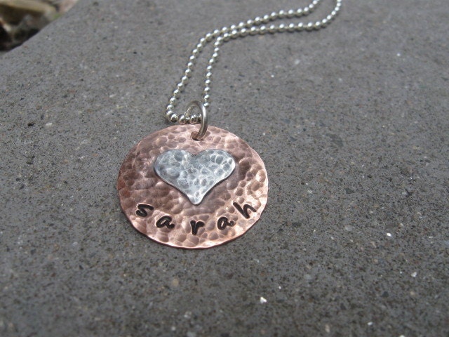 Hand stamped HAMMERED copper with a HAMMERED silver heart