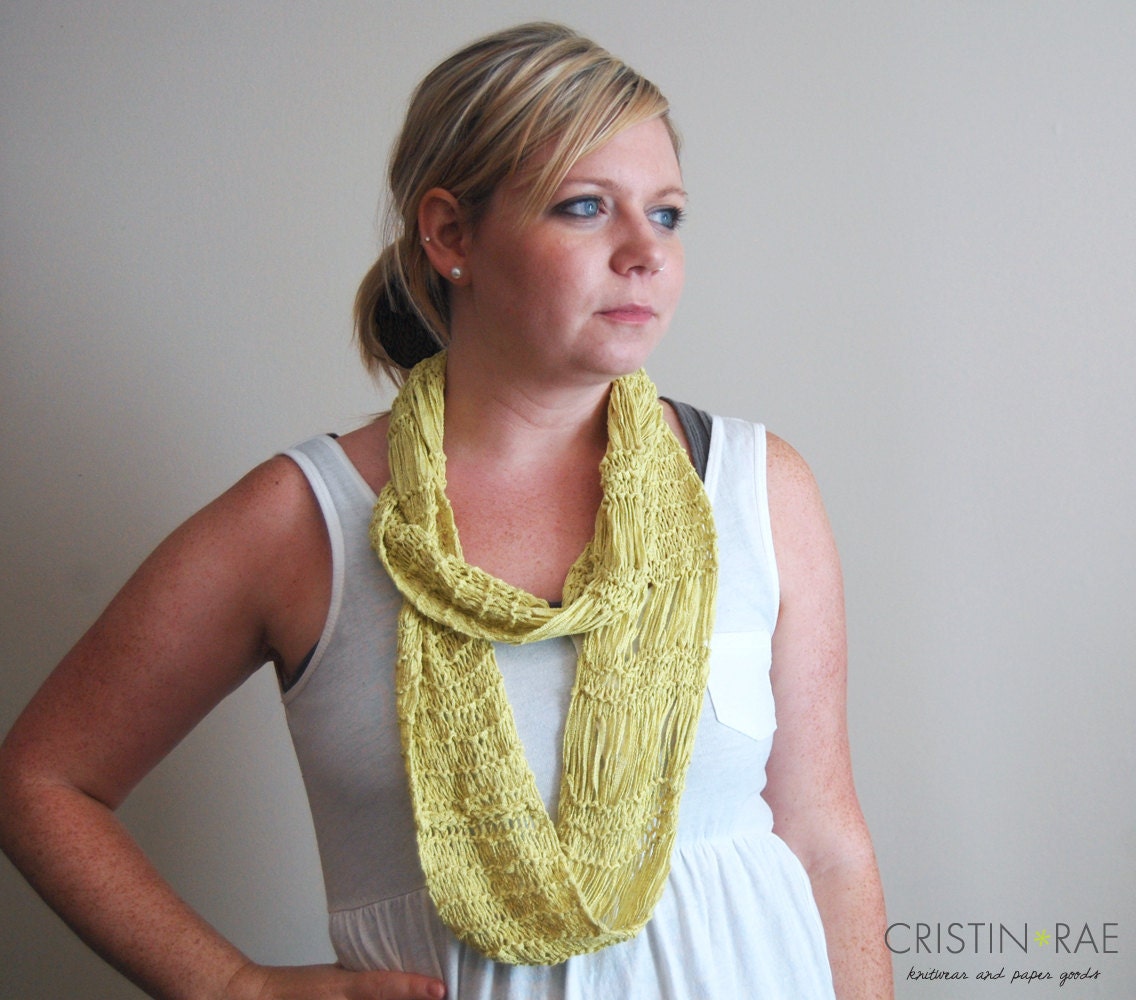 Drop Stitch Infinity Scarf in Citrus // Light-Weight Cotton Bamboo Long Cowl // Bright Yellow-Green
