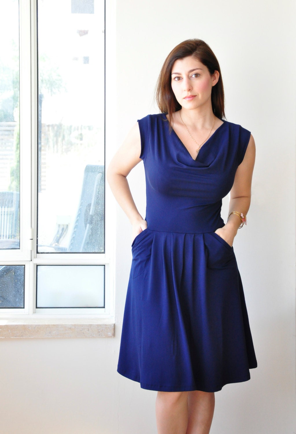 Blue Cowl Neck Dress-Blue Party Dress / Cocktail Dress/ Summer Day Dress, By Lirola