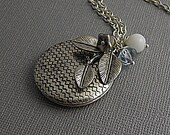 Antique Silver, triple leaf branch, Alexandrite Lilac Melon, German Milkglass,Blue White Trumphet Flower Locket- DIAMOND