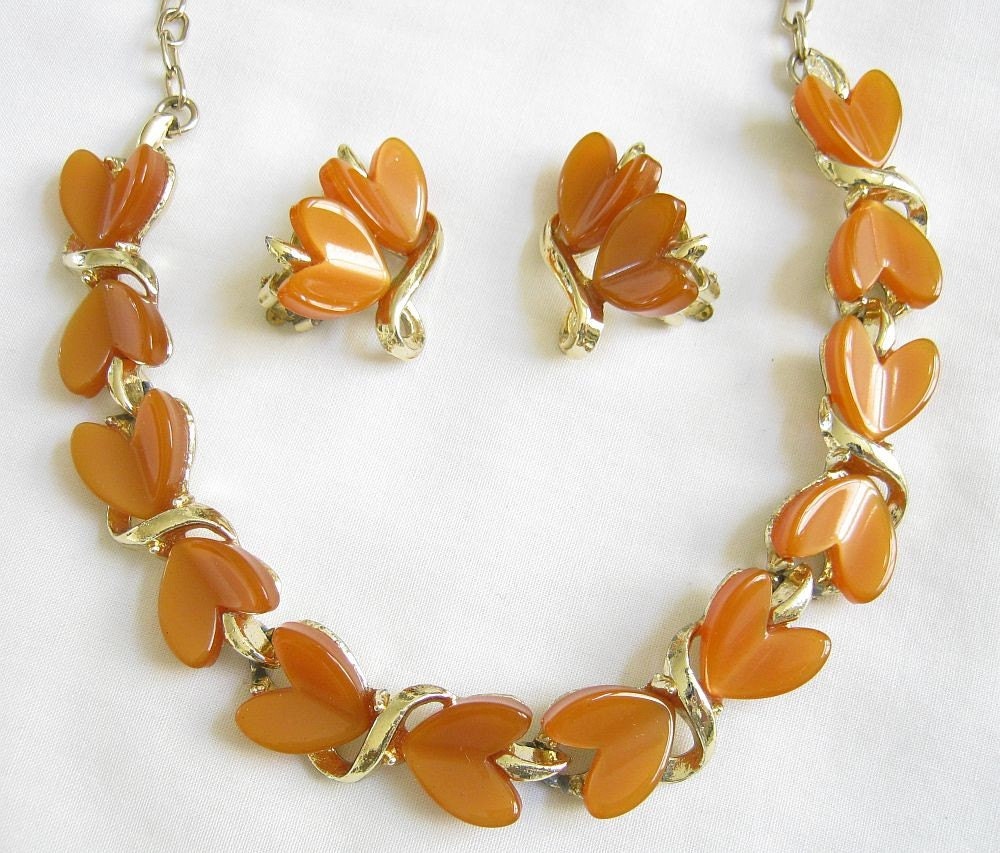 Vintage Caramel or Butterscotch Lucite Thermoset Necklace and Earring Demi Parure Set