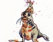 Sea Lion Greeting Card - Birthday // Blank Illustrated Animal Friendship Party Celebrate Anniversary Gift Card 4" x 6"