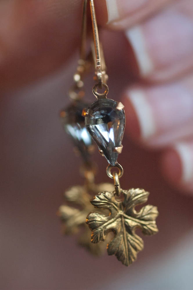 Earrings -  Gold Maple Leaves and Vintage Gray Rhinestones - Dainty Delicate Raindrop Dangle Earrings - Raw Brass