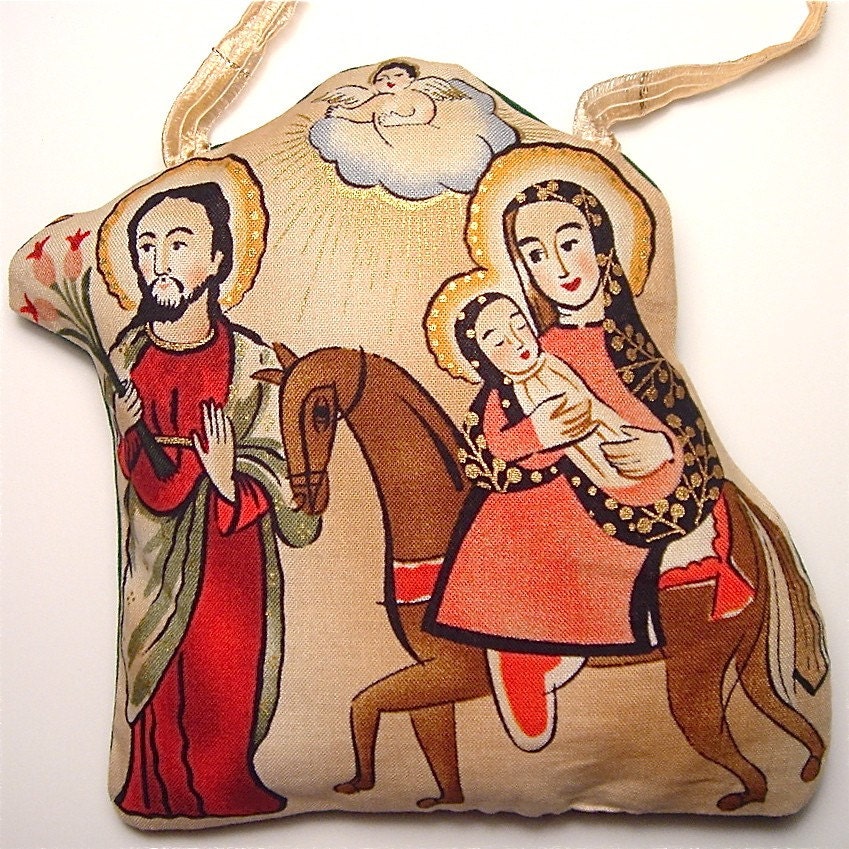Joseph with Virgin Mary with Baby Jesus on a Donkey - Mexican Folk Art Fabric Christmas Ornament