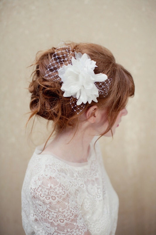 Bridal Fascinator, birdcage veil, bridal headpiece, wedding headpiece, white head piece, Fergie Ships in 1 Month