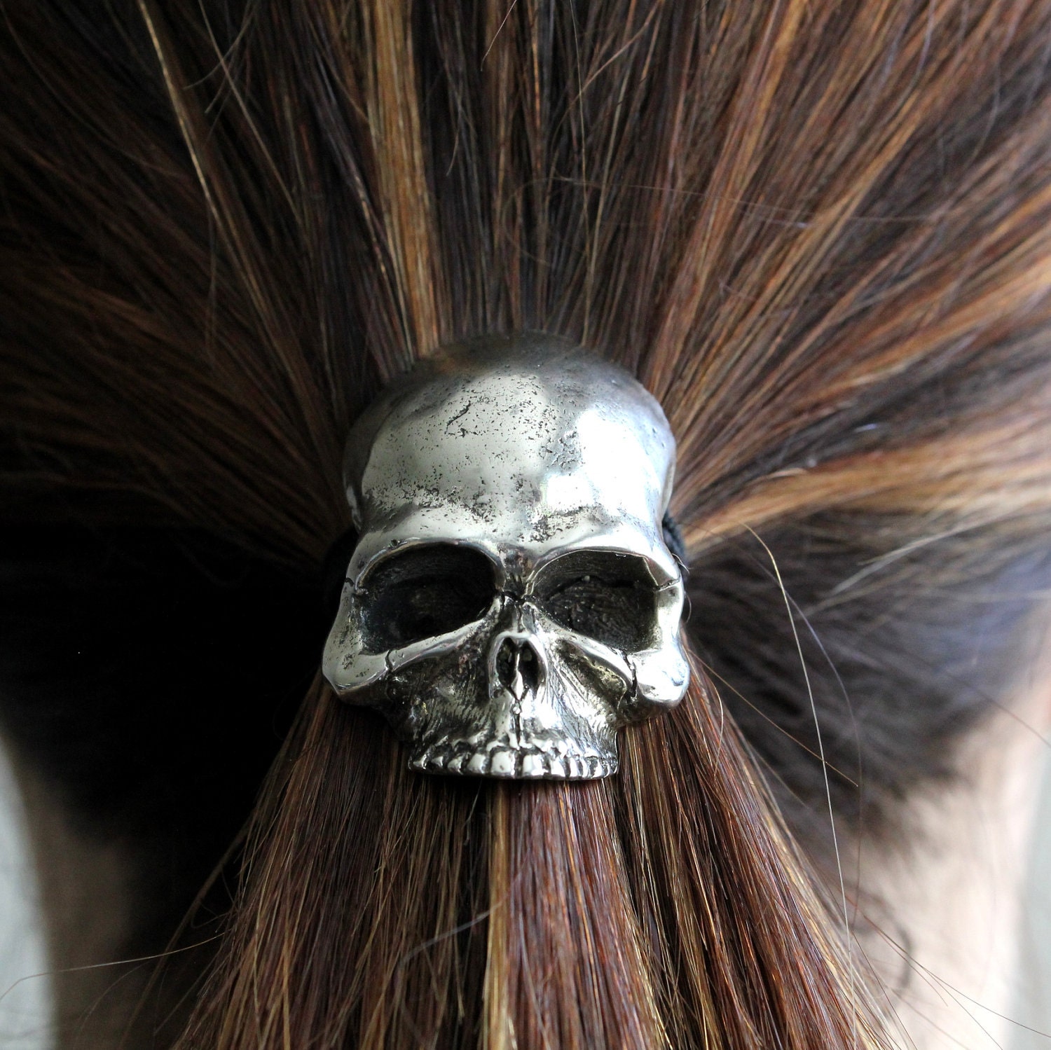 Sterling Silver Plated Skull Pony Tail Holder / Necklace in White Bronze  Hair Tie