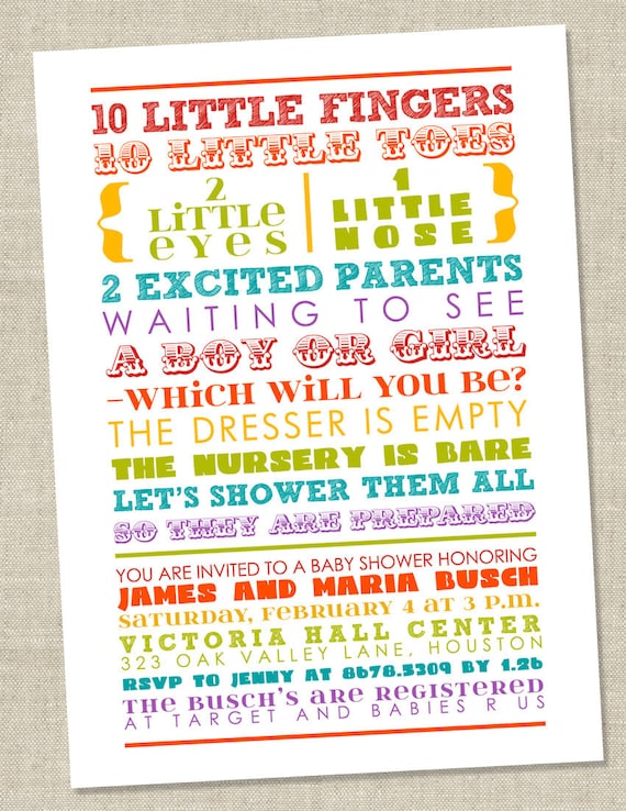 Rainbow Baby Shower Invitation - colorful words, gender neutral, coed (Printable Digital File OR Printed Cards)