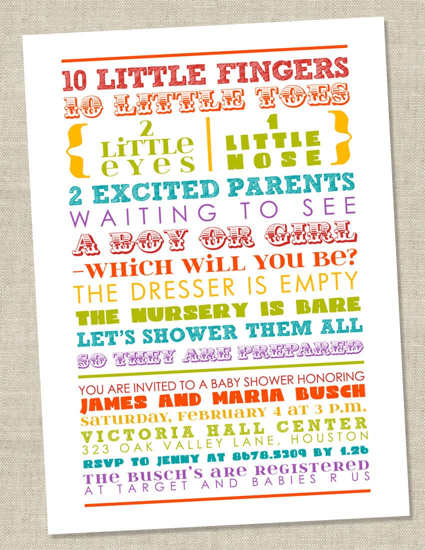Rainbow Baby Shower Invitation - colorful words, gender neutral, coed (Printable Digital File OR Printed Cards)