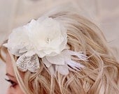 Wedding hair piece flower accessory-  ivory flower bridal headpiece feather hair clip - Wedding Hair Accessories - vintage wedding