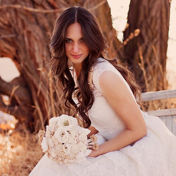 Rustic Woodland bridal bouquet - heirloom wedding bouquet - vintage - handmade silk dupioni & cotton flowers - Large