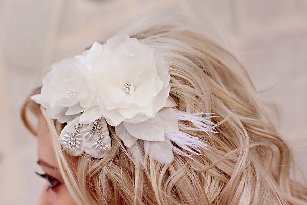 Wedding hair piece flower accessory- ivory flower bridal headpiece feather hair clip - Wedding Hair Accessories - vintage wedding