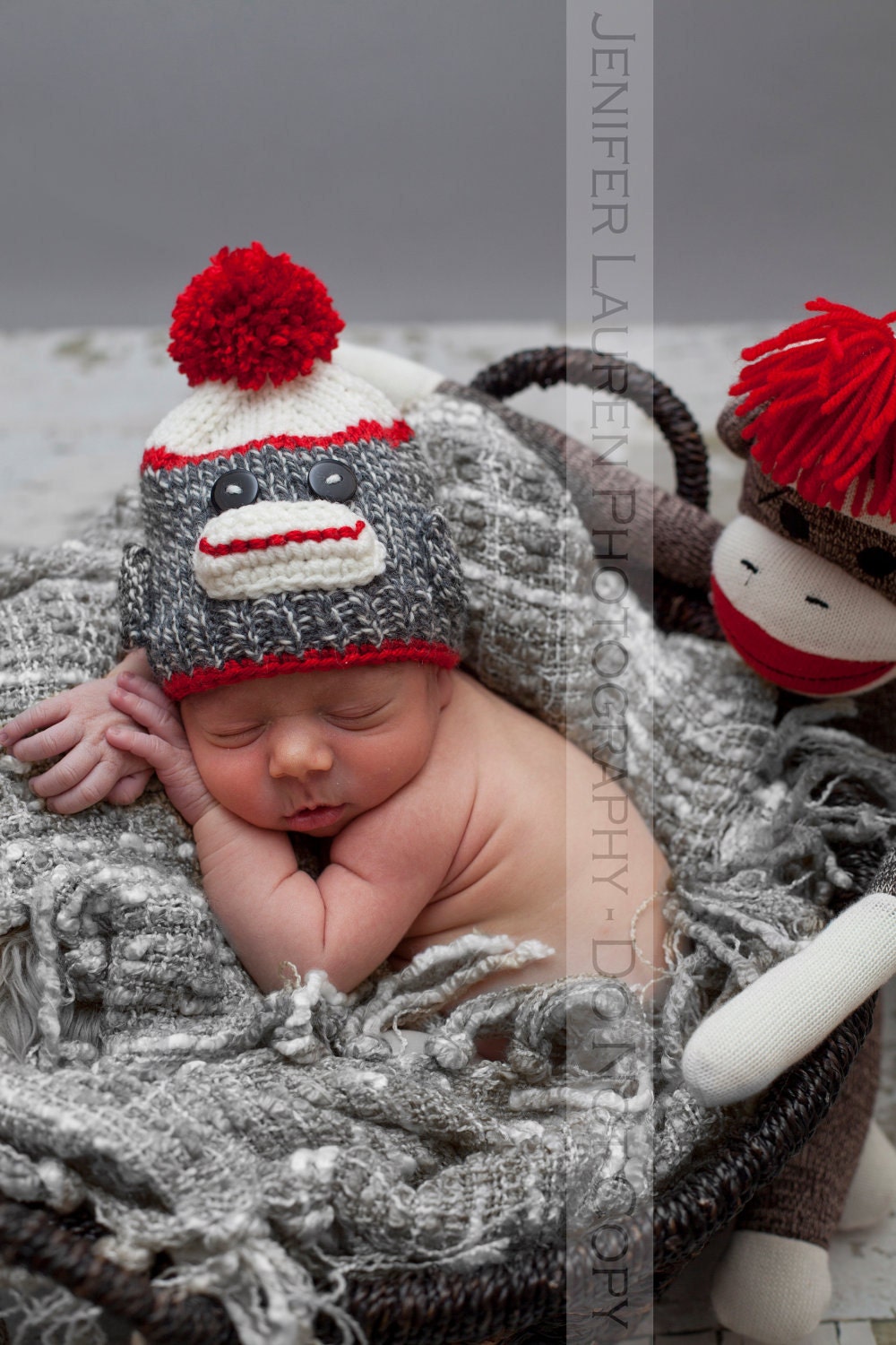 Baby Sock Monkey Hat for Baby boy or Baby Girl Charcoal Gray, white and red Newborn baby photo prop