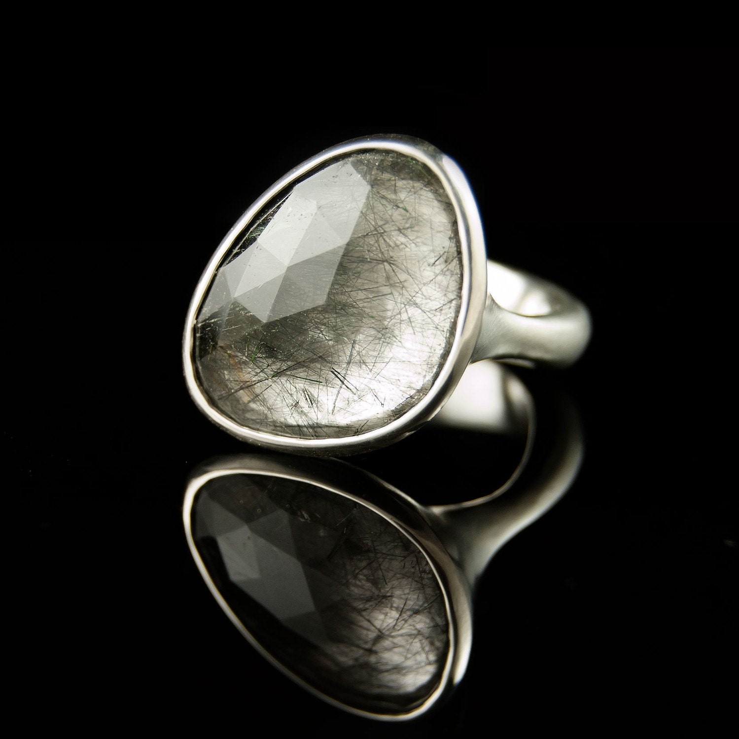 Pebble Ring, Rose Cut Tourmalinated Quartz, Sterling Silver, size 7 to 7.5 Gemstone Ring