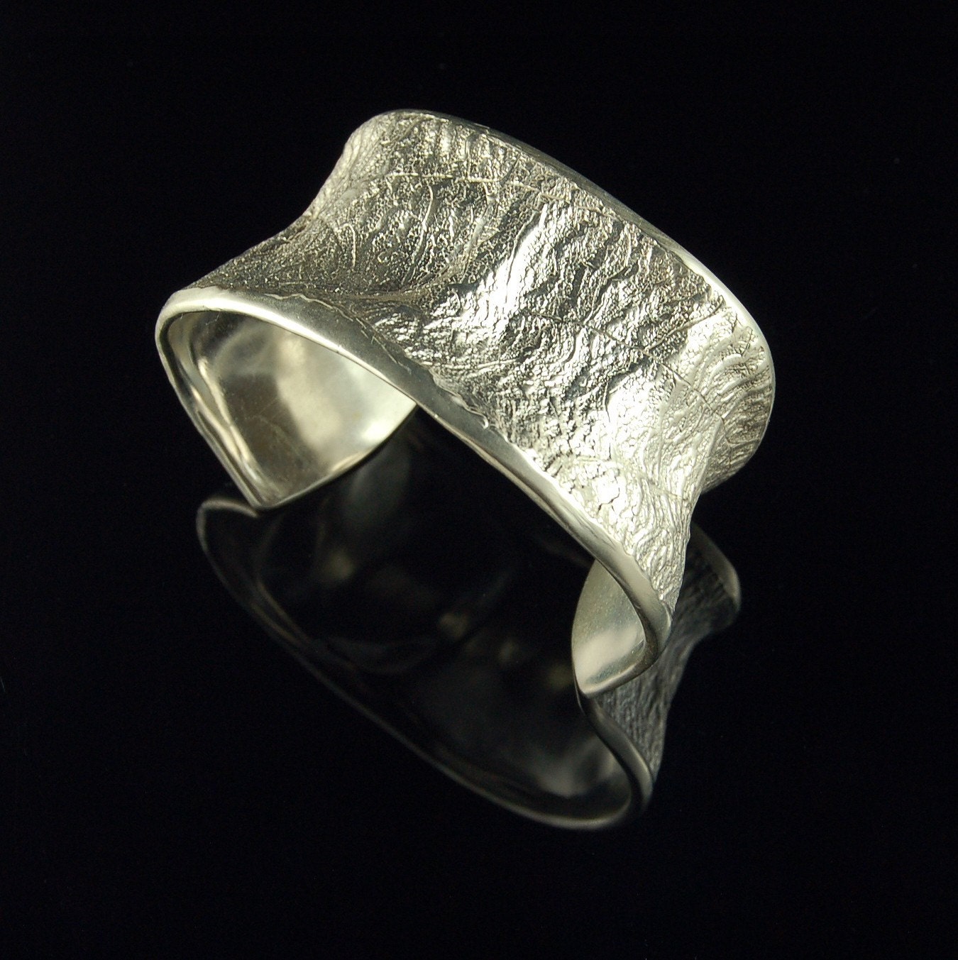 SALE Wide Sterling Silver Cuff Bracelet w/ Pushed Leaf Texture, small size