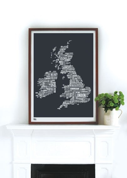 British Isles Type Map in Sheer Slate - decorative screen print