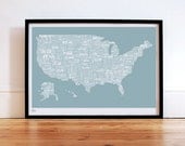 USA Type Map in Duck Egg Blue - decorative screen print