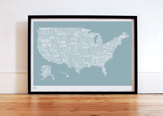 USA Type Map in Duck Egg Blue - decorative screen print