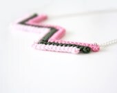 crochet zigzag, triangle, chevron necklace in pink tones and green - handmade with sterling silver chain