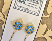 Bobbie Pins Fancy Buttons   Cobalt Rhinestones and Shell Mother or Pearl