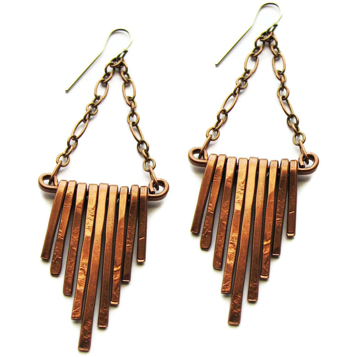 cascading copper bar earrings - handmade - fringe earrings - hammered surface texture