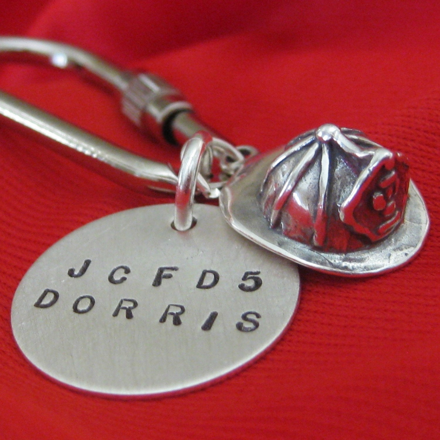 Firefighter Keychain - Firefighter Gift -  Keyring with Hand Stamped 1" Sterling Silver Disc and Firehat Charm - Fireman Gift