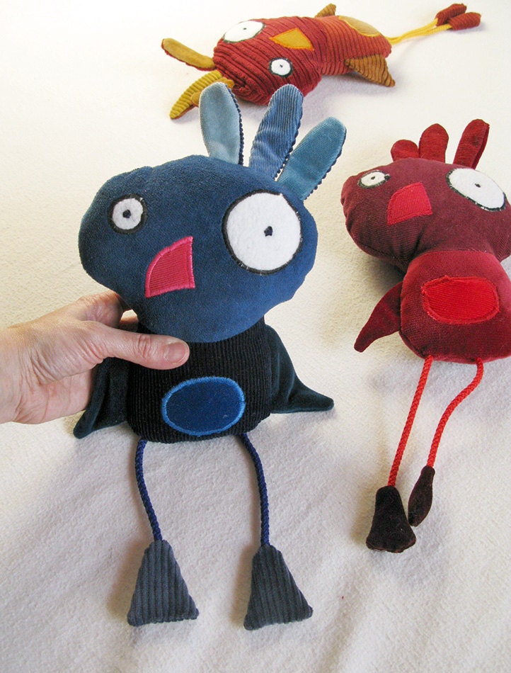 Plush Blue Bird Recycled Fabric Velvet Blue Patchwork
