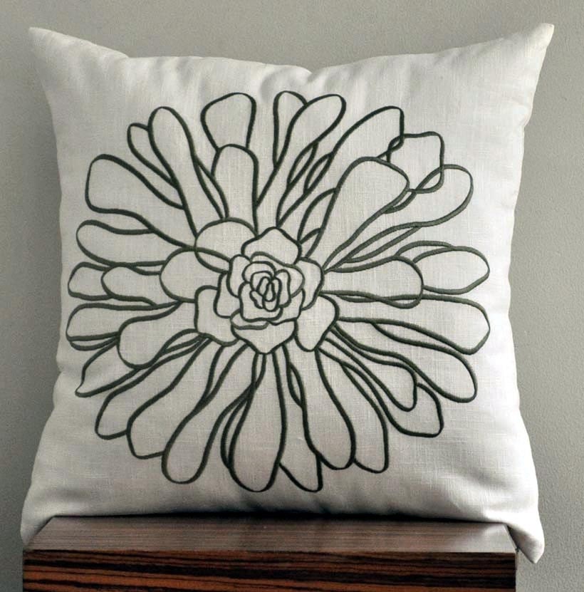 Chrysant  Throw Pillow Covers, Decorative Pillow Covers, Cream Linen with Green Floral Embroidery Pillow Case 18 x 18, Cream Throw Pillow