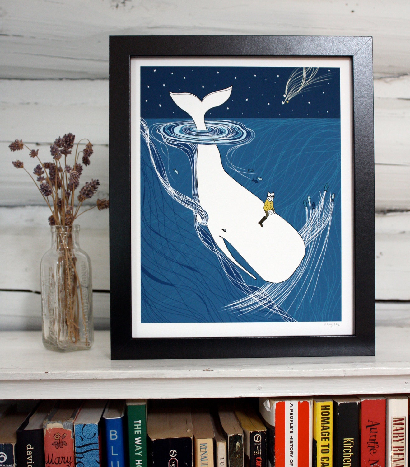 Whale Rider nursery art. Whimsical whale drawing for your child's room.